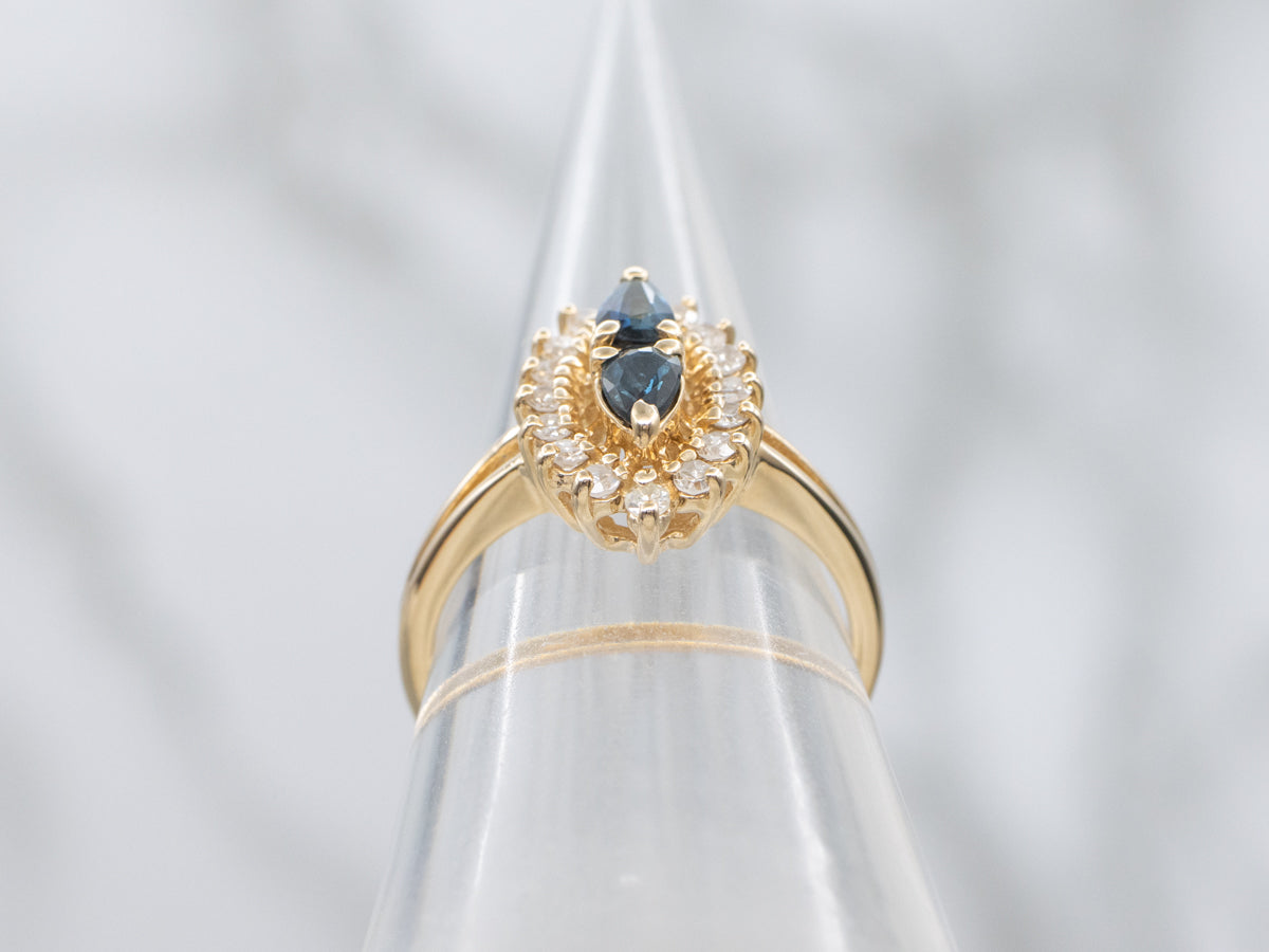 Double Sapphire and Diamond Halo Yellow Gold Ring