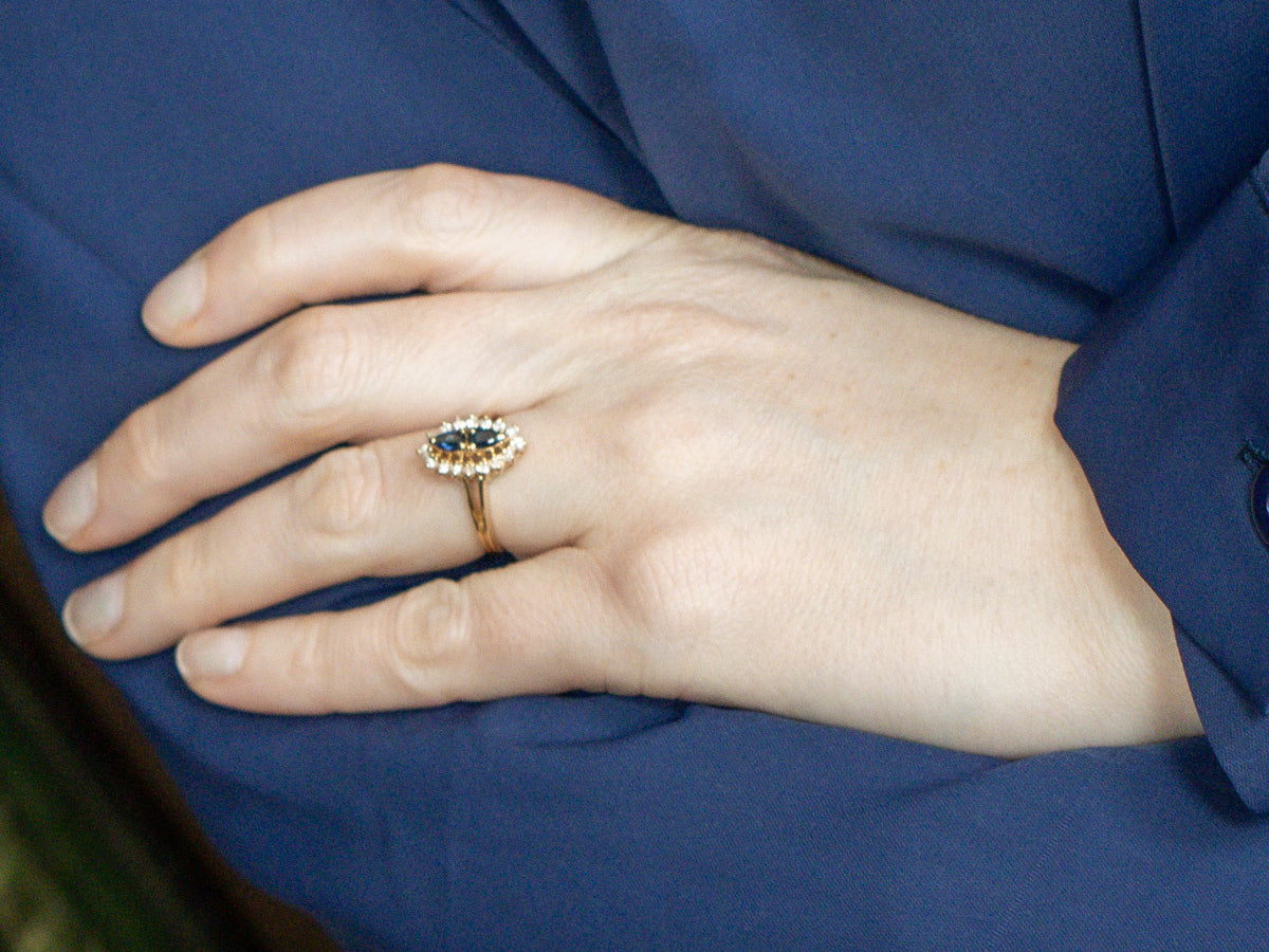 Double Sapphire and Diamond Halo Yellow Gold Ring