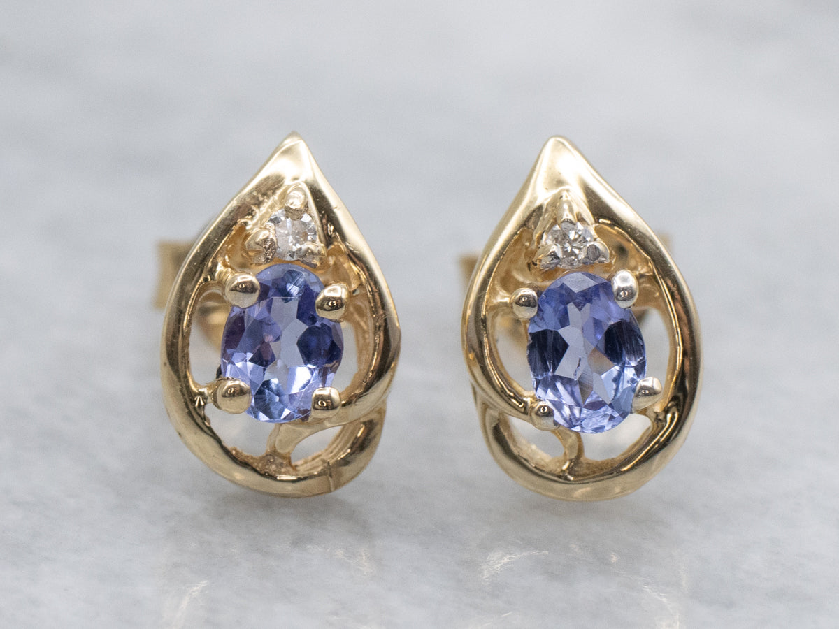 Teardrop Tanzanite and Diamond Gold Stud Earrings