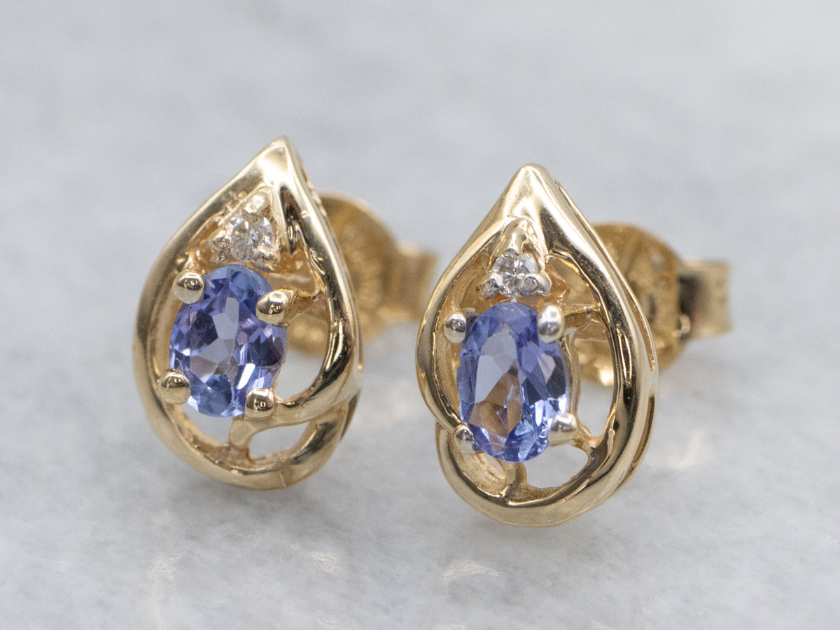 Teardrop Tanzanite and Diamond Gold Stud Earrings