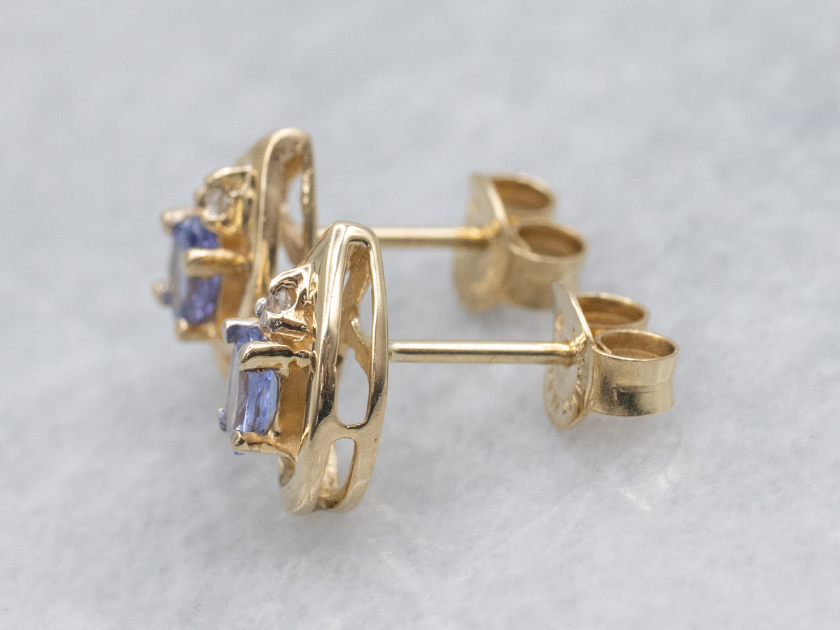 Teardrop Tanzanite and Diamond Gold Stud Earrings