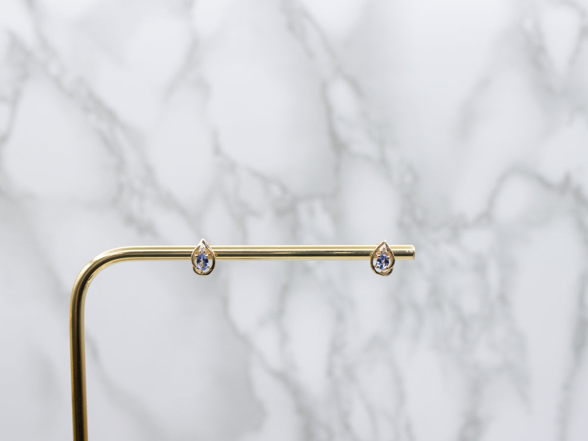 Teardrop Tanzanite and Diamond Gold Stud Earrings
