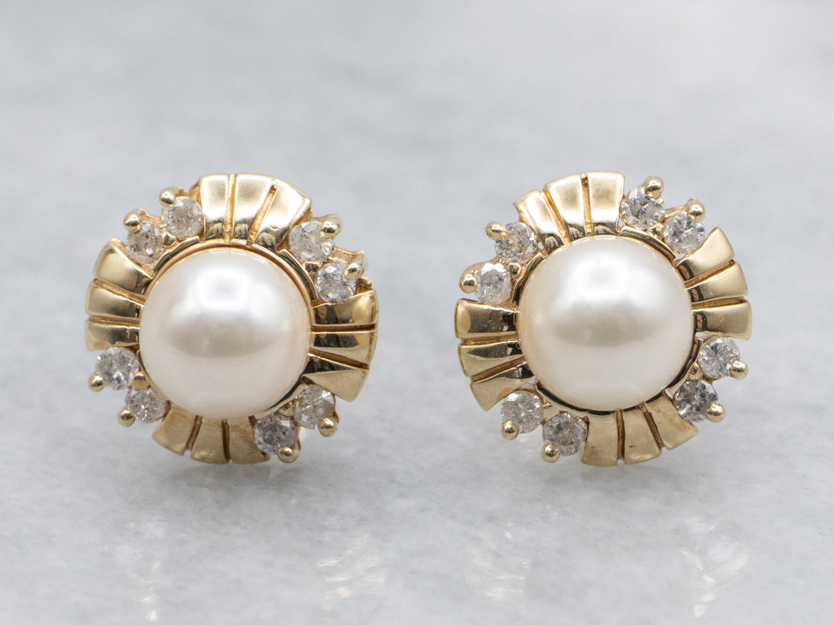Saltwater Pearl and Diamond Yellow Gold Stud Earrings