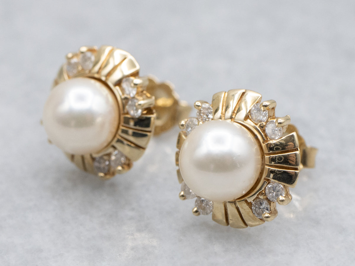 Saltwater Pearl and Diamond Yellow Gold Stud Earrings