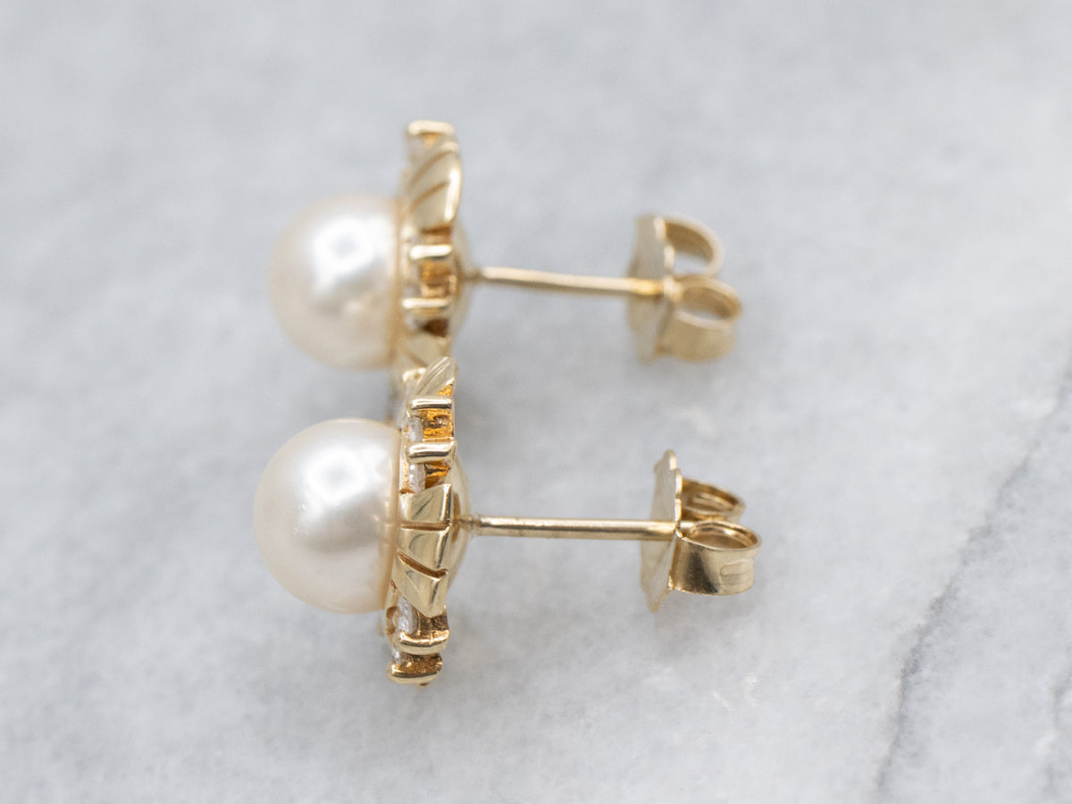 Saltwater Pearl and Diamond Yellow Gold Stud Earrings