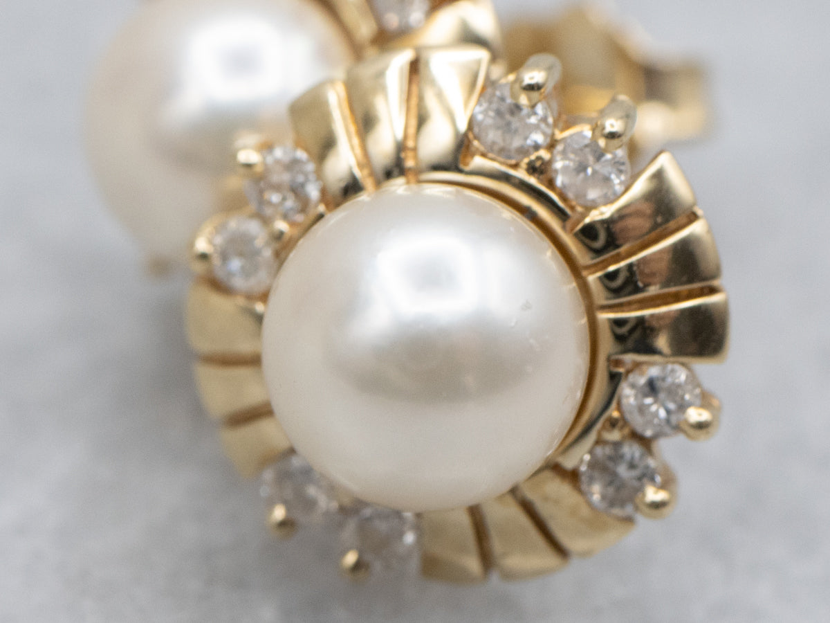 Saltwater Pearl and Diamond Yellow Gold Stud Earrings
