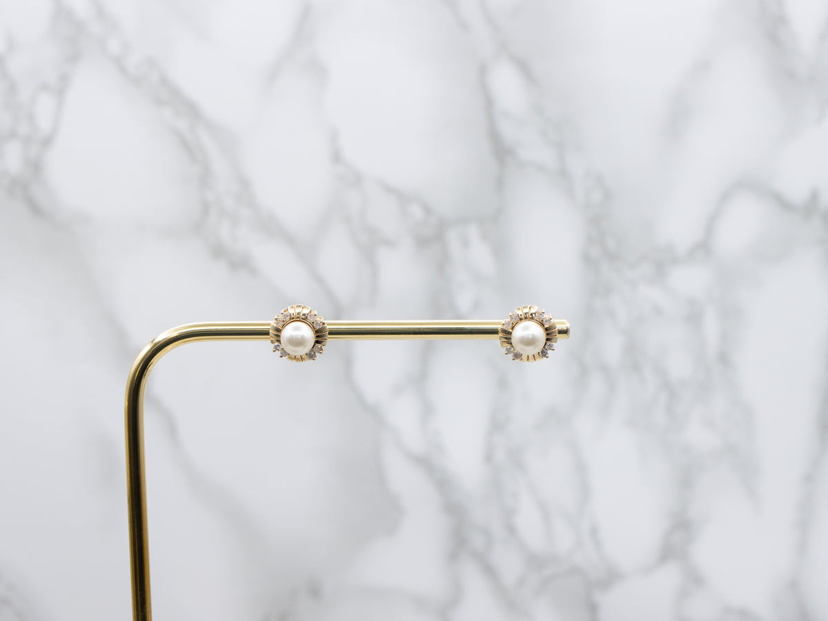 Saltwater Pearl and Diamond Yellow Gold Stud Earrings