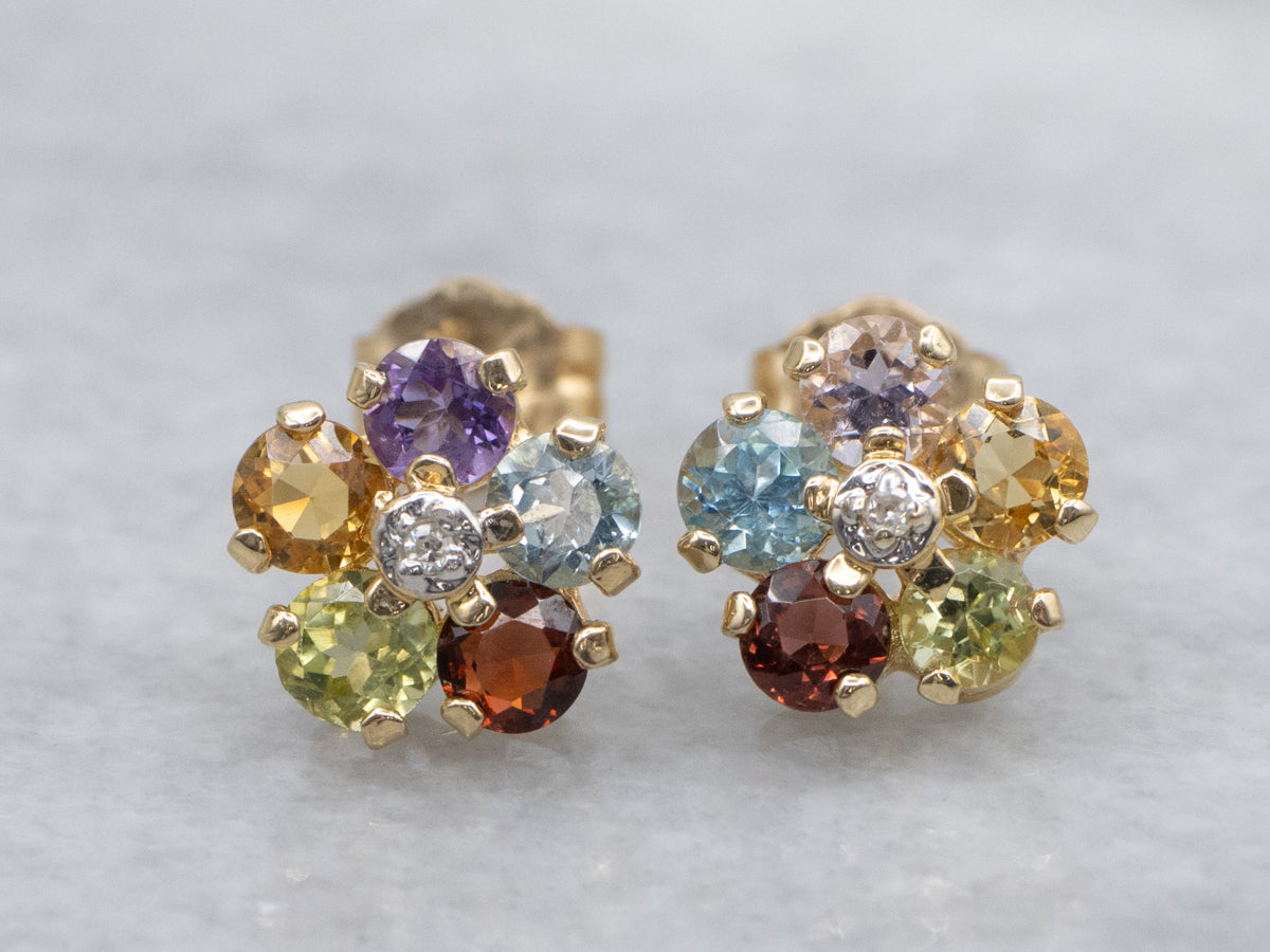Semi-Precious Rainbow Gemstone and Diamond Flower Stud Earrings