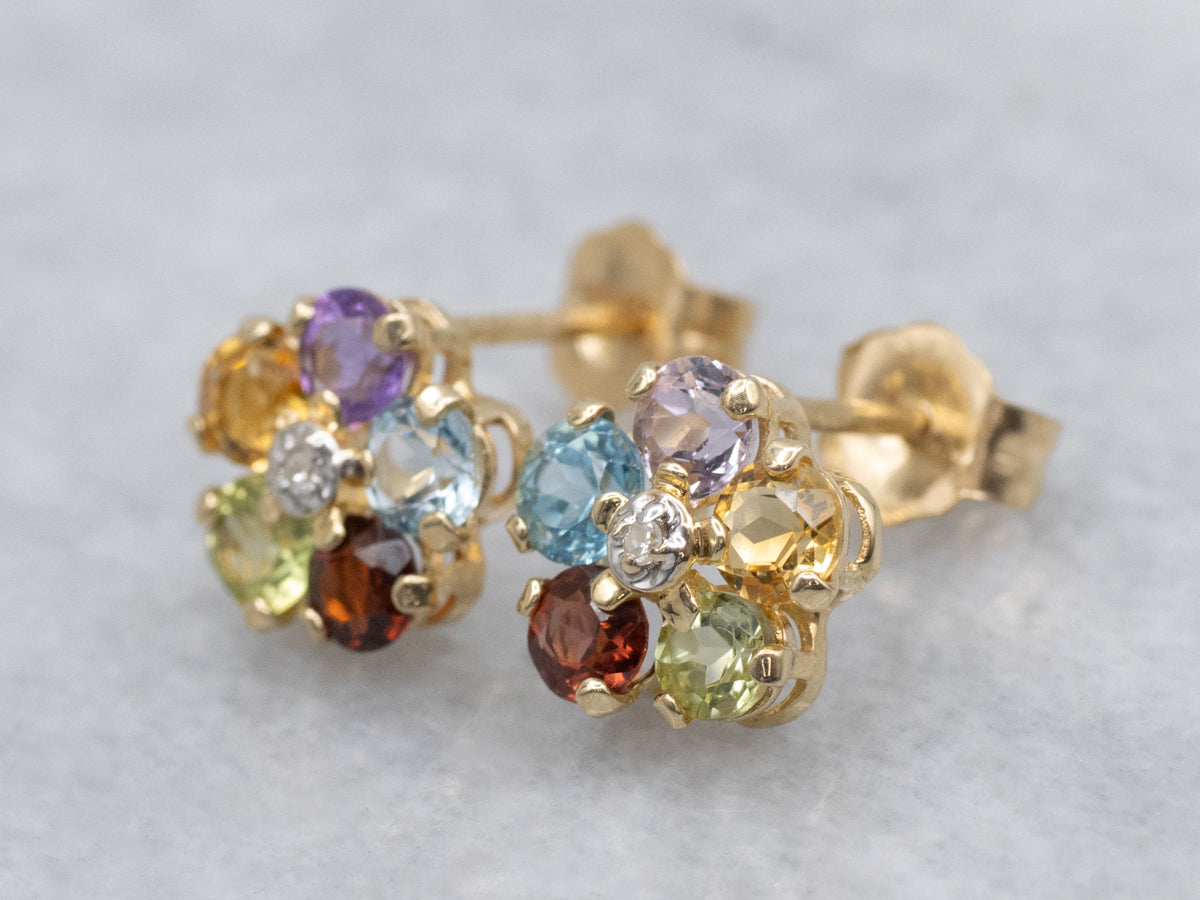 Semi-Precious Rainbow Gemstone and Diamond Flower Stud Earrings