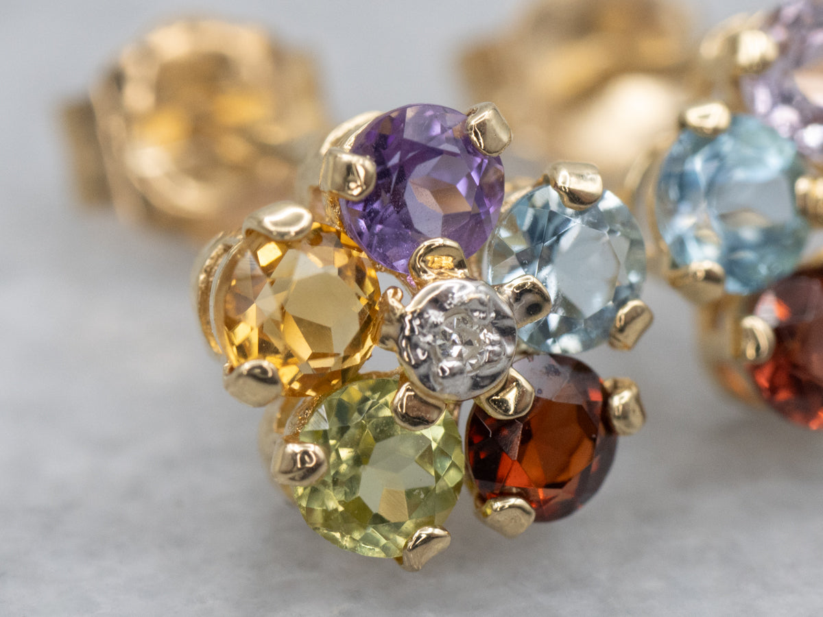 Semi-Precious Rainbow Gemstone and Diamond Flower Stud Earrings