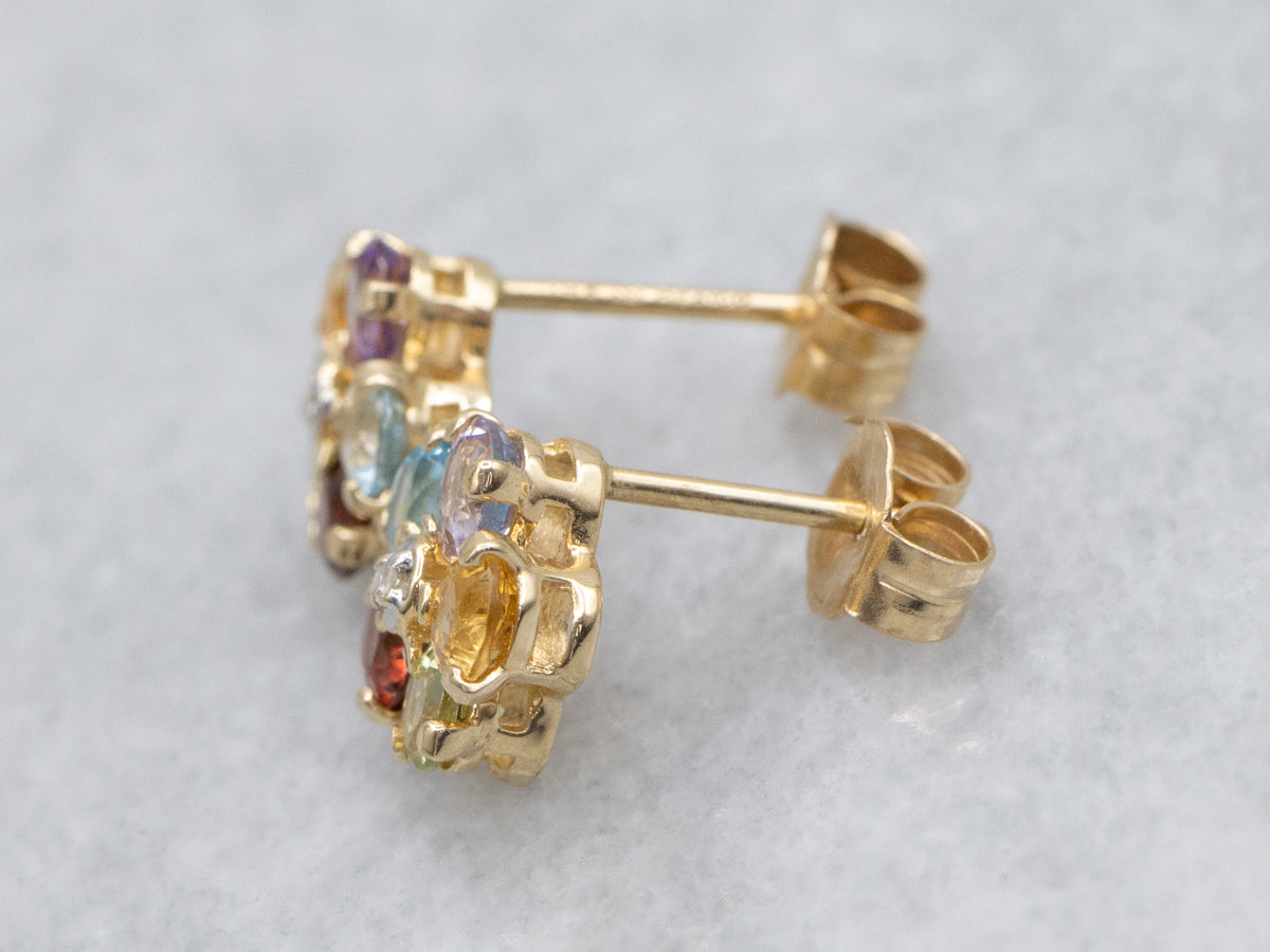 Semi-Precious Rainbow Gemstone and Diamond Flower Stud Earrings