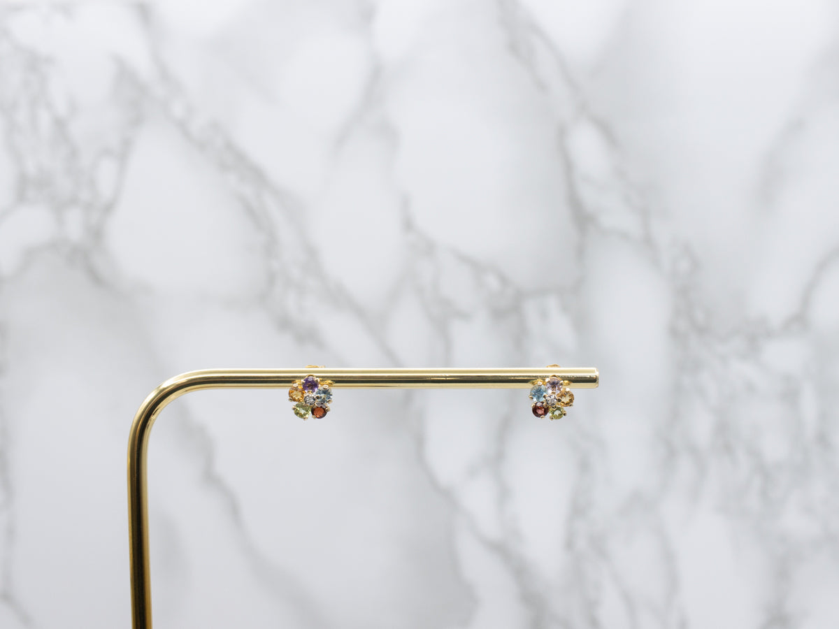 Semi-Precious Rainbow Gemstone and Diamond Flower Stud Earrings