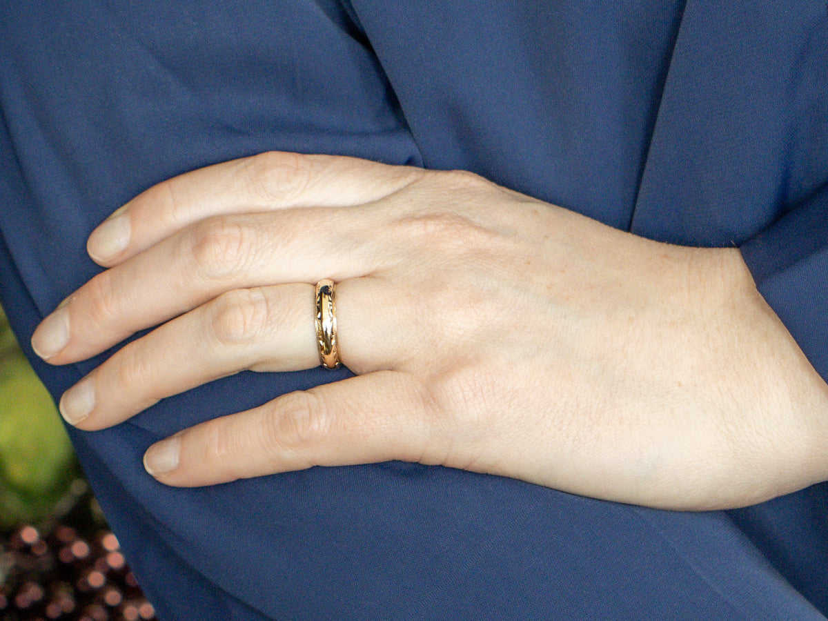Vintage Yellow Gold Domed Band with Patterned Edge
