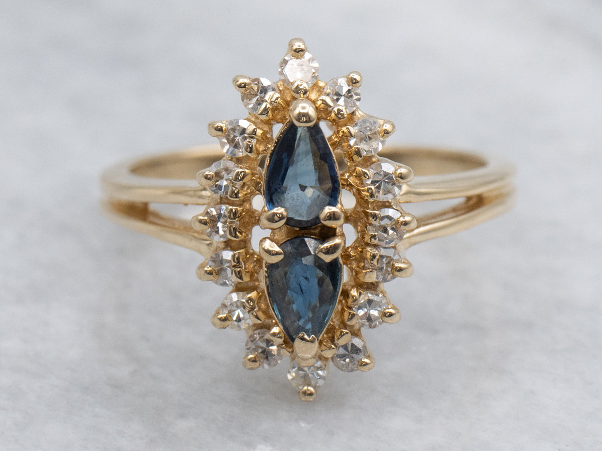 Double Sapphire and Diamond Halo Yellow Gold Ring