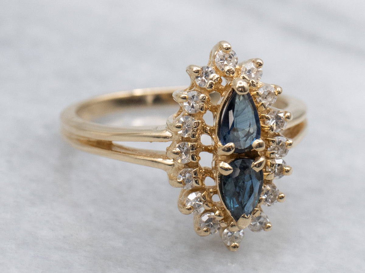 Double Sapphire and Diamond Halo Yellow Gold Ring