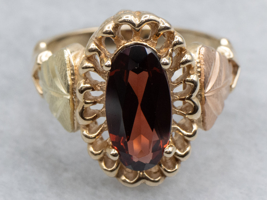 Black Hills Gold Style Botanical Garnet Solitaire Ring