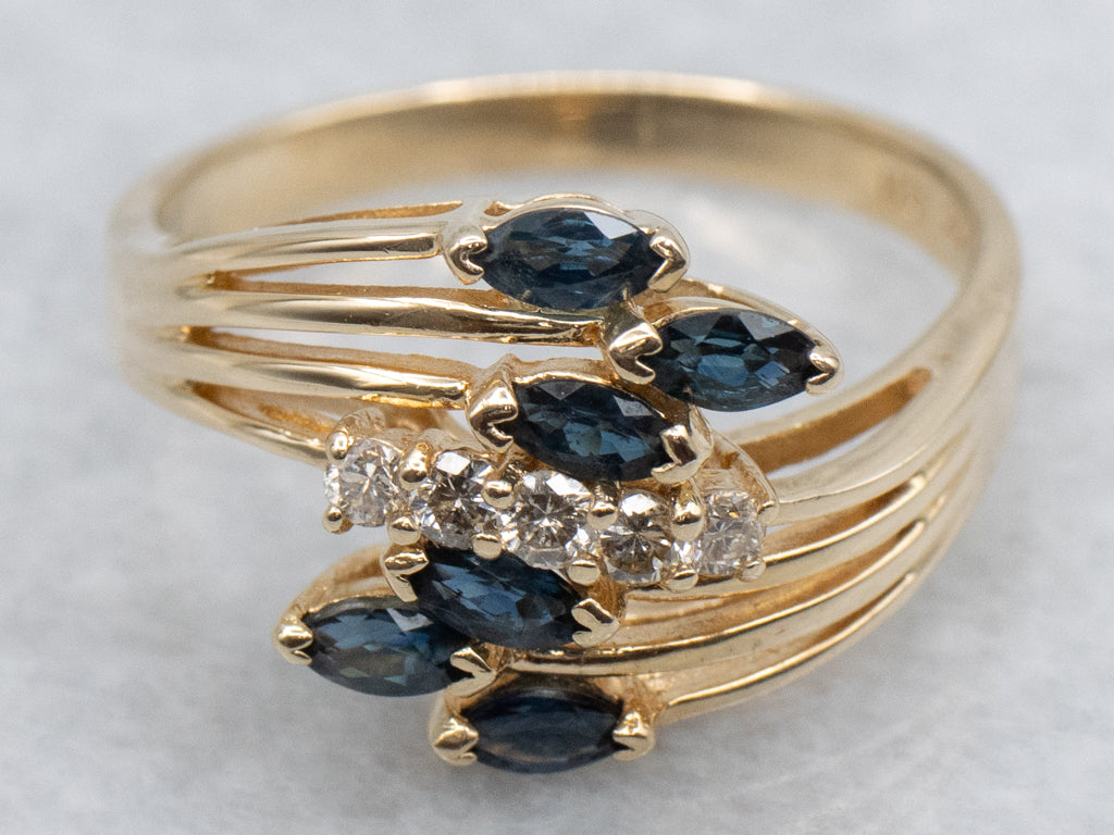 1980s Sapphire and Diamond Gold Bypass Ring