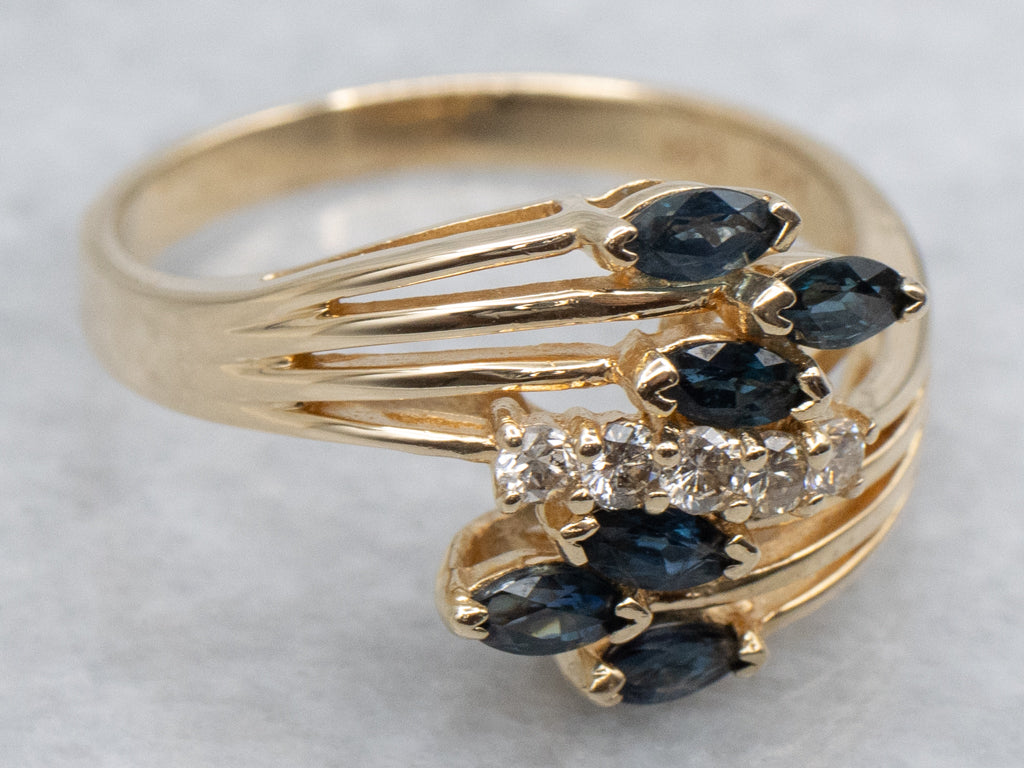 1980s Sapphire and Diamond Gold Bypass Ring