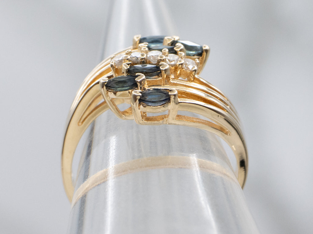 1980s Sapphire and Diamond Gold Bypass Ring