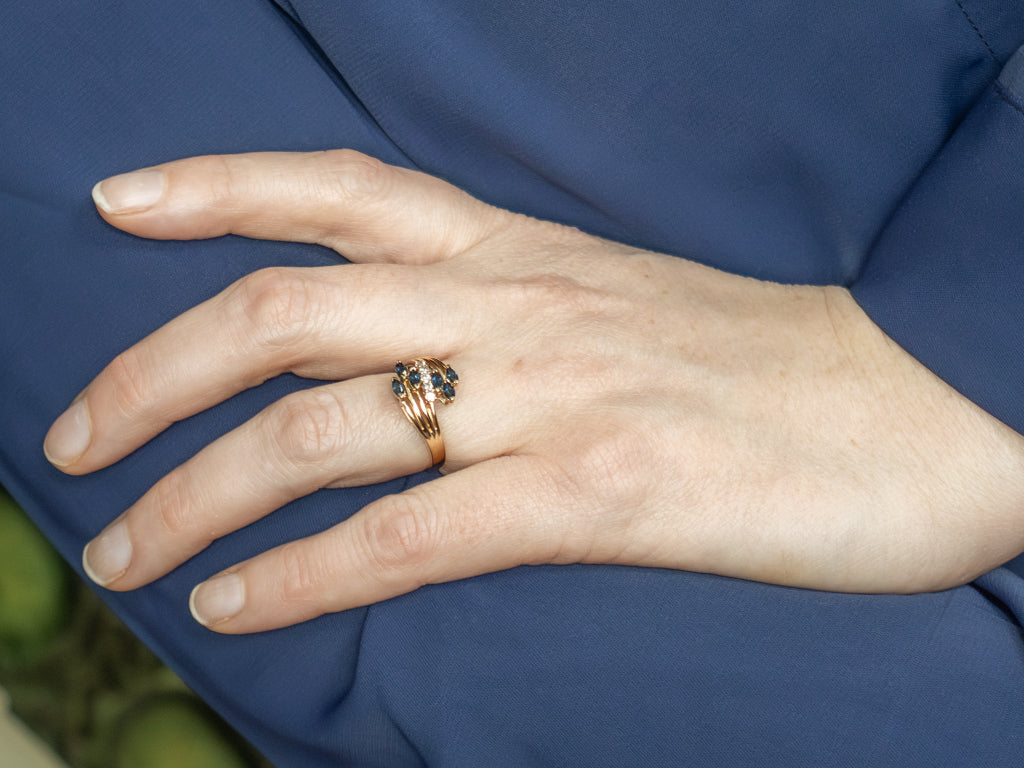 1980s Sapphire and Diamond Gold Bypass Ring