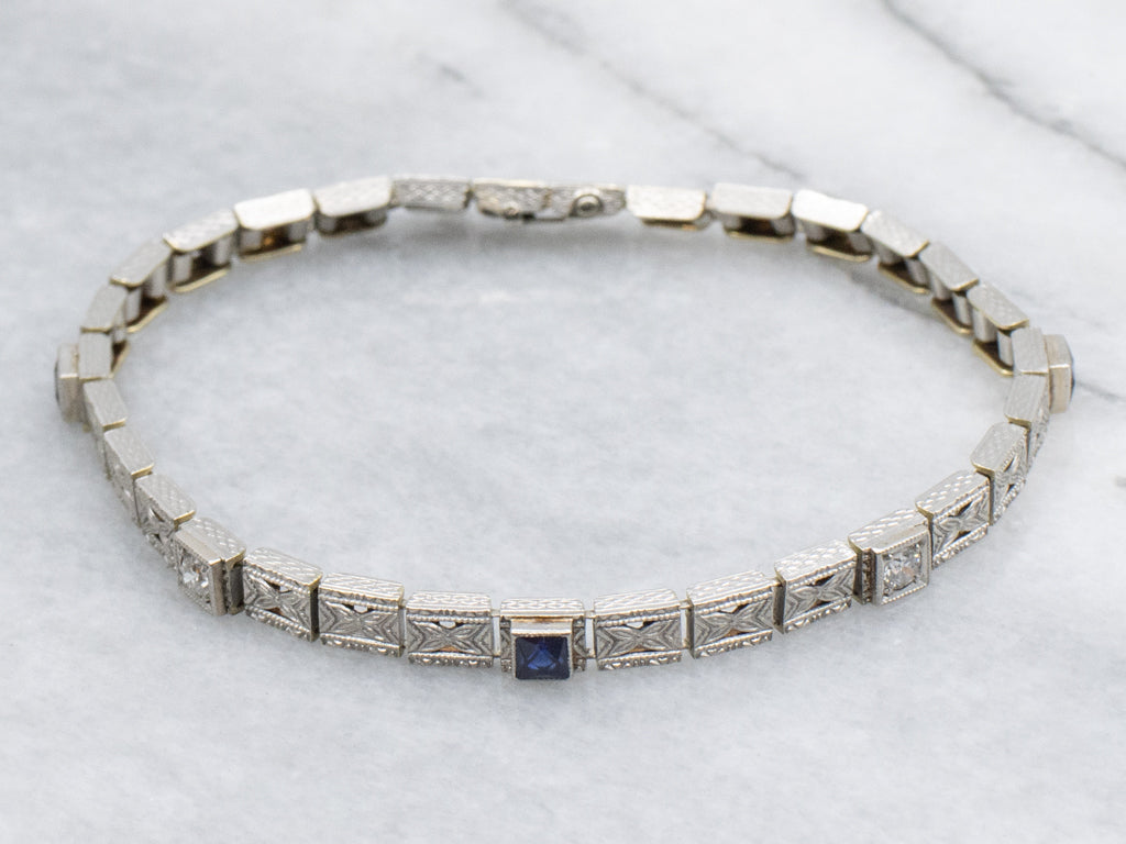 Old European Cut Diamond and Sapphire Floral Link Bracelet Circa 1920s