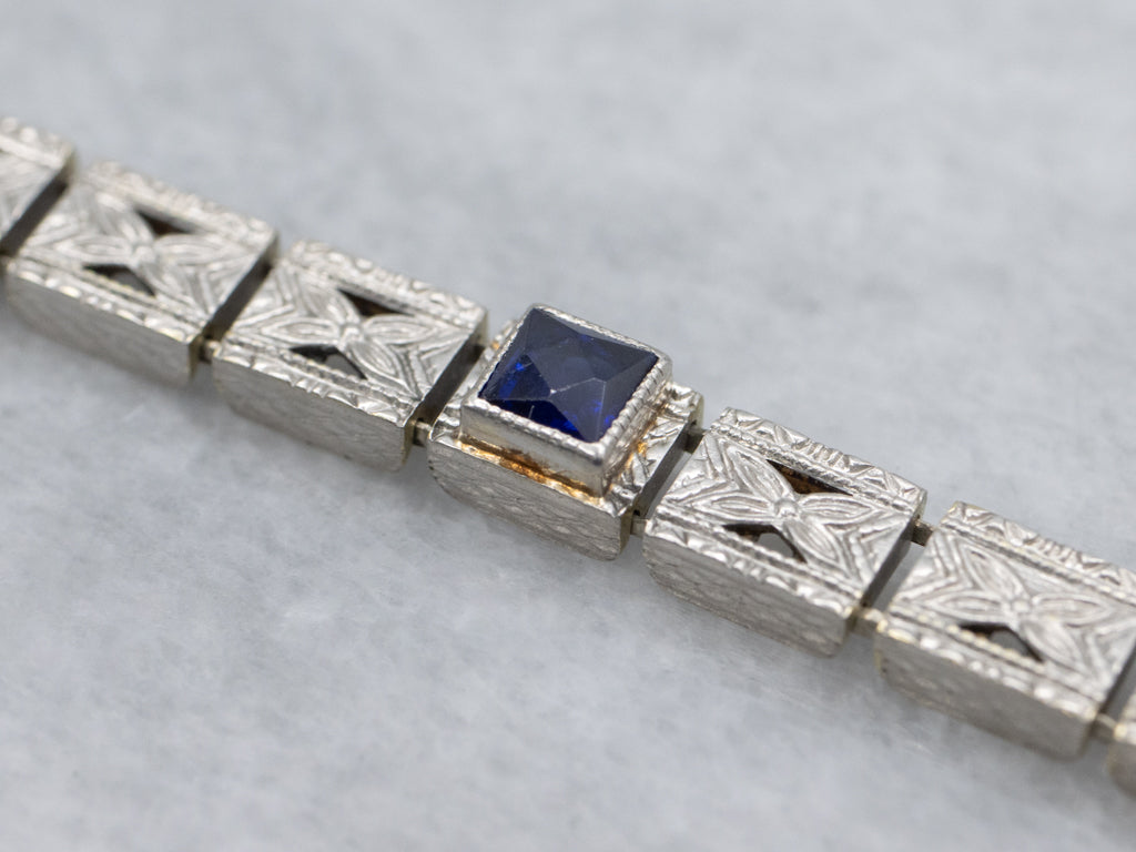 Old European Cut Diamond and Sapphire Floral Link Bracelet Circa 1920s