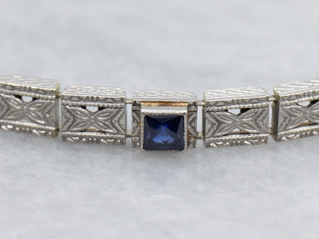Old European Cut Diamond and Sapphire Floral Link Bracelet Circa 1920s