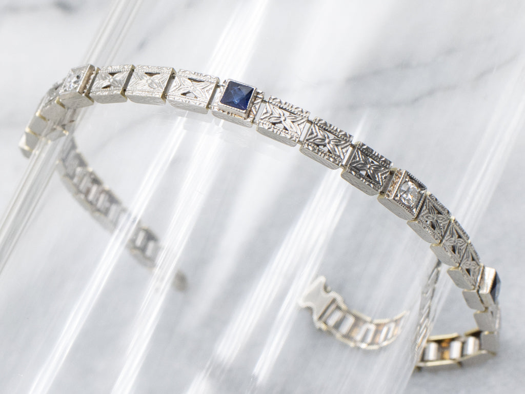 Old European Cut Diamond and Sapphire Floral Link Bracelet Circa 1920s