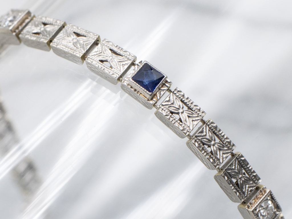 Old European Cut Diamond and Sapphire Floral Link Bracelet Circa 1920s