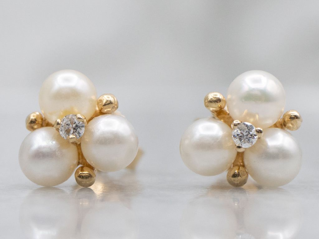 Saltwater Pearl and Diamond Yellow Gold Stud Earrings