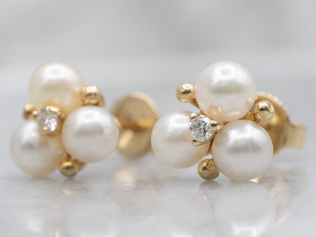Saltwater Pearl and Diamond Yellow Gold Stud Earrings