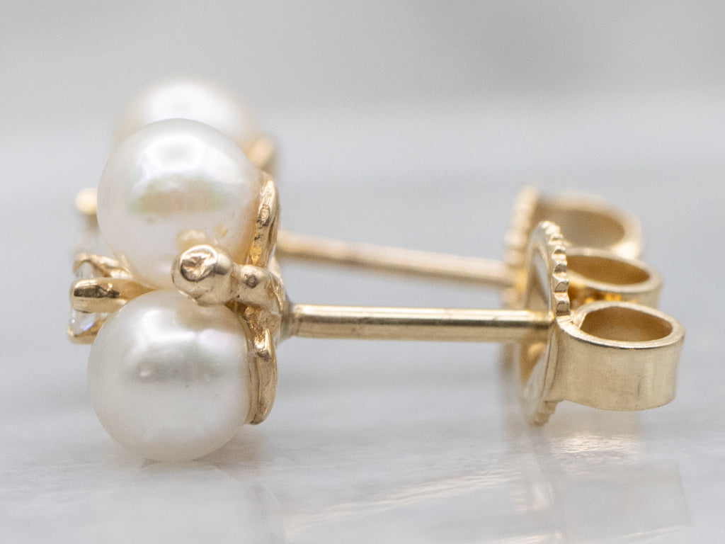 Saltwater Pearl and Diamond Yellow Gold Stud Earrings