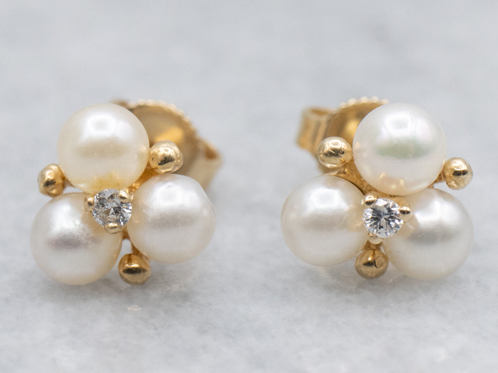 Saltwater Pearl and Diamond Yellow Gold Stud Earrings
