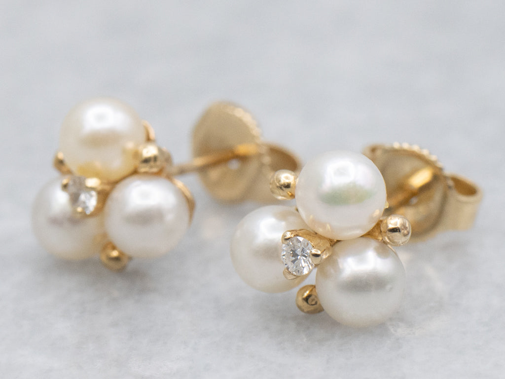 Saltwater Pearl and Diamond Yellow Gold Stud Earrings