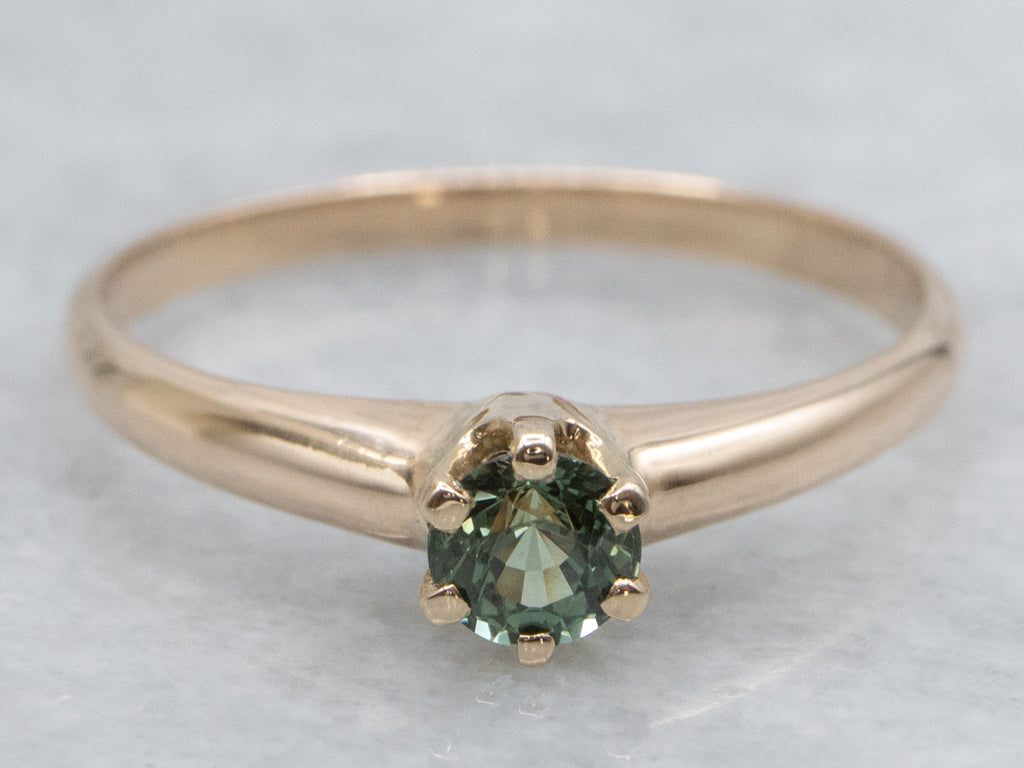 Green Sapphire and Gold Six-Prong Solitaire Ring