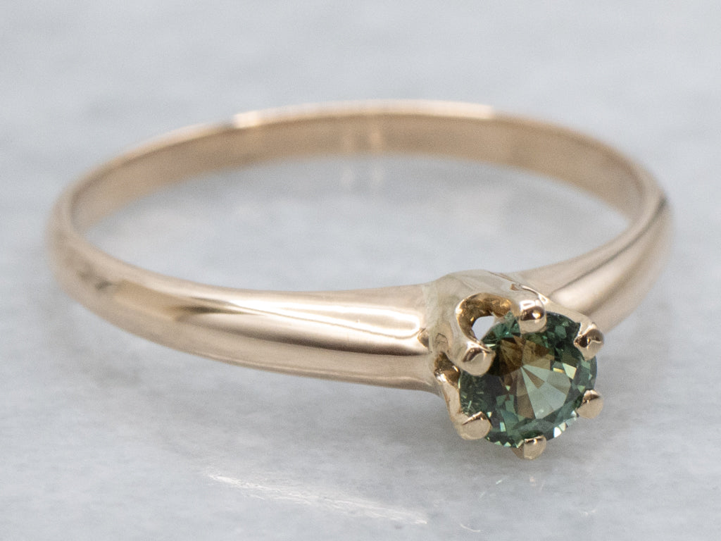 Green Sapphire and Gold Six-Prong Solitaire Ring