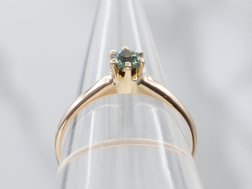 Green Sapphire and Gold Six-Prong Solitaire Ring