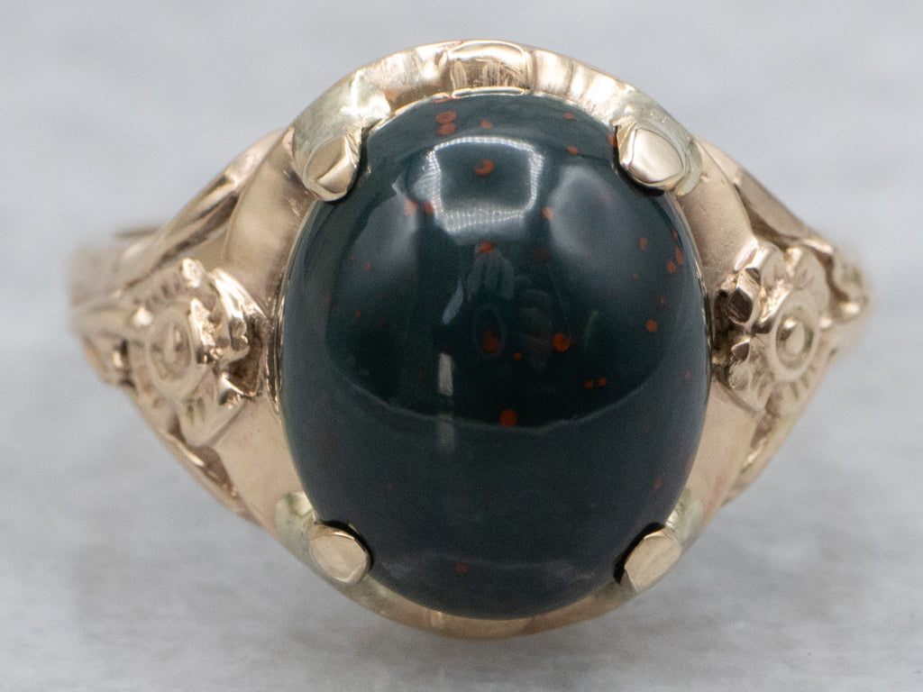 Vintage Floral Bloodstone Cabochon Ring