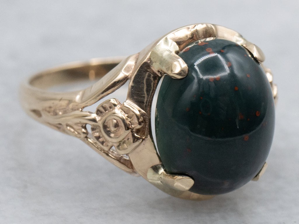 Vintage Floral Bloodstone Cabochon Ring