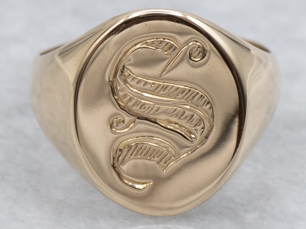 Engraved Initial "S" Yellow Gold Signet Ring