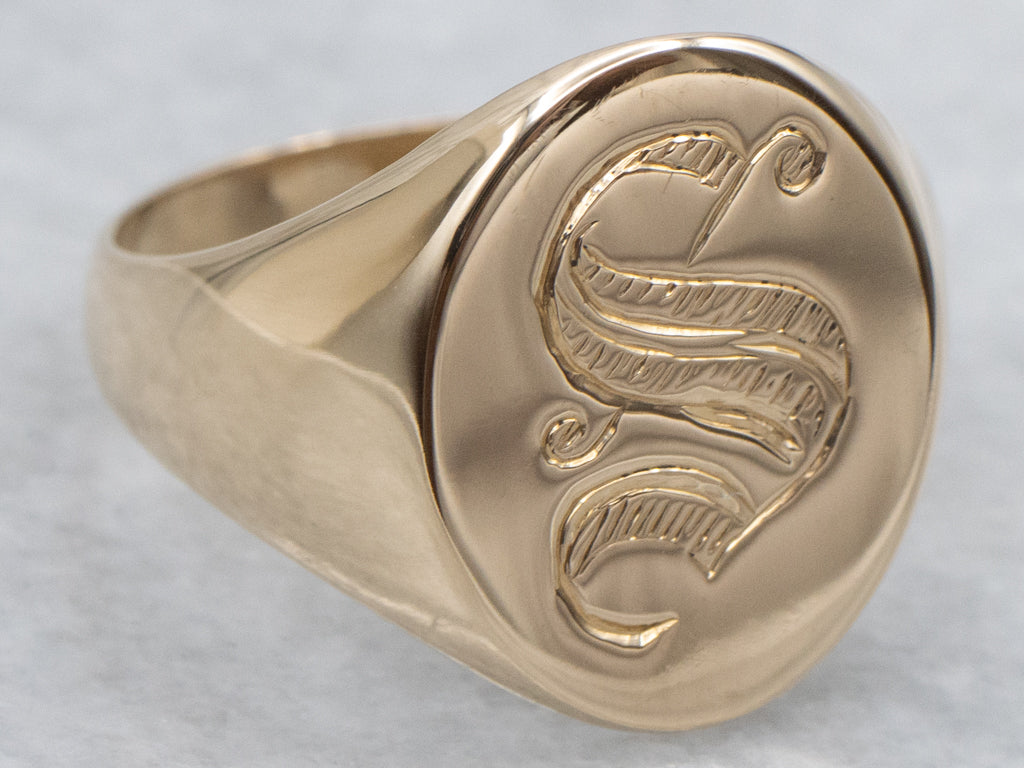 Engraved Initial "S" Yellow Gold Signet Ring
