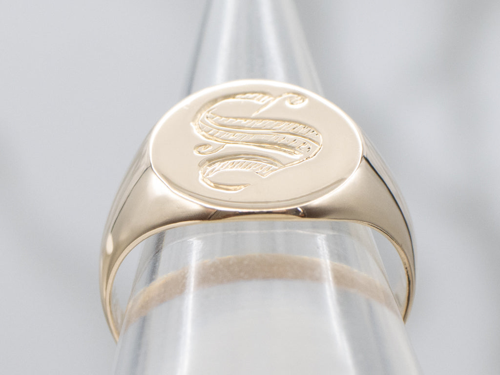 Engraved Initial "S" Yellow Gold Signet Ring
