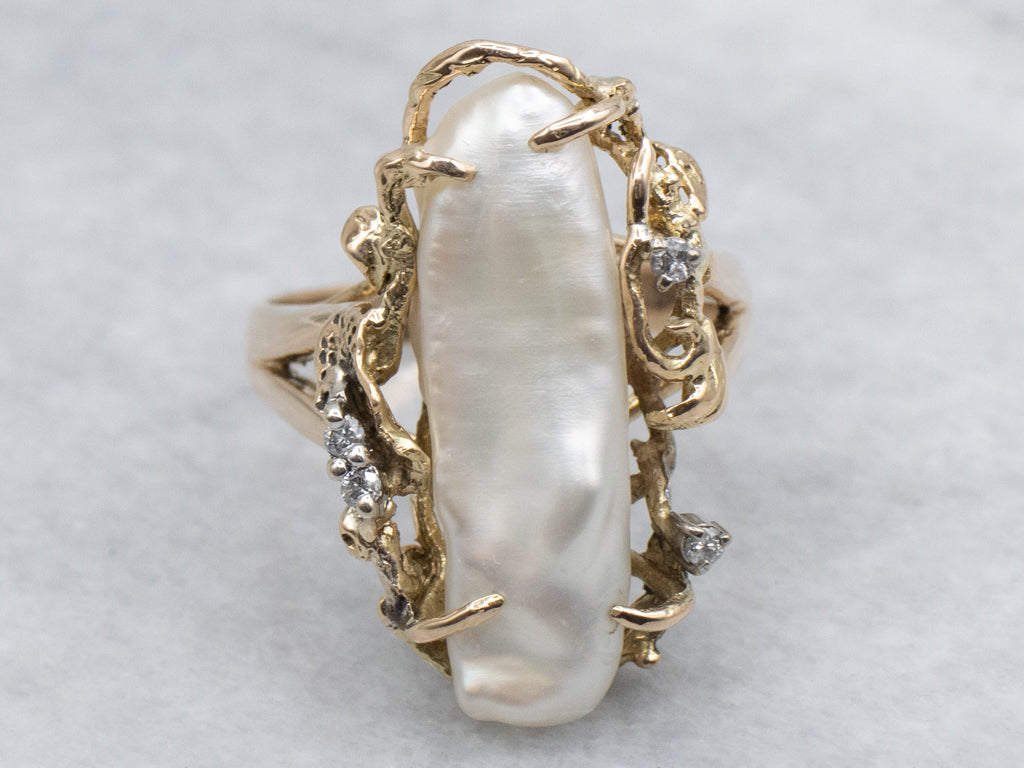 Baroque Pearl and Diamond Sculptural Gold Statement Ring