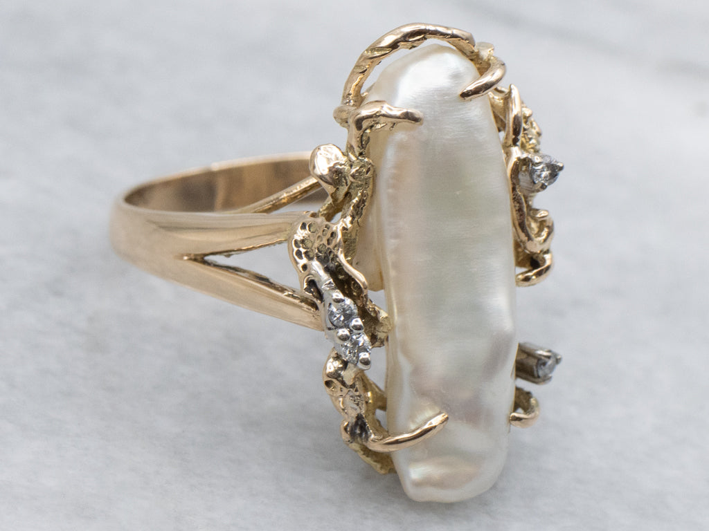 Baroque Pearl and Diamond Sculptural Gold Statement Ring
