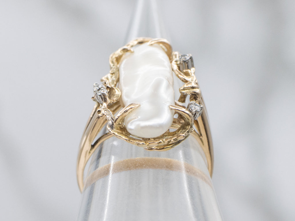 Baroque Pearl and Diamond Sculptural Gold Statement Ring