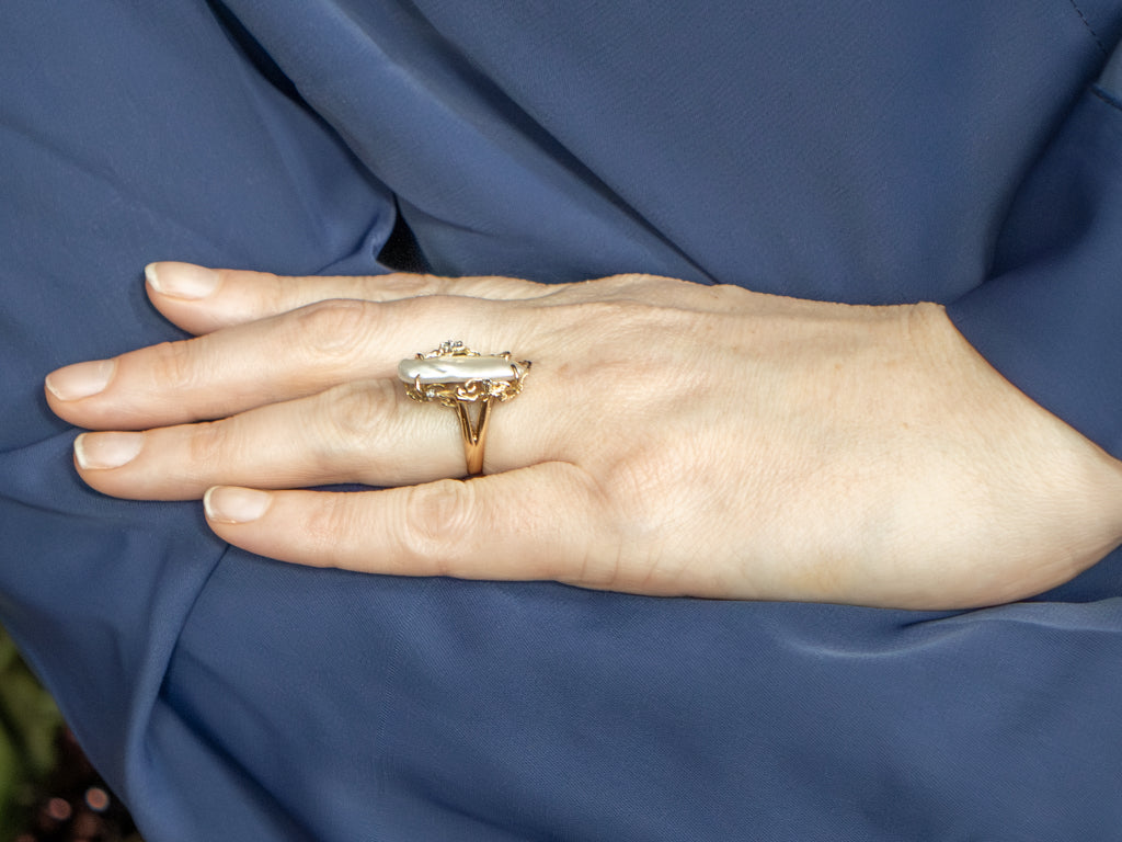 Baroque Pearl and Diamond Sculptural Gold Statement Ring