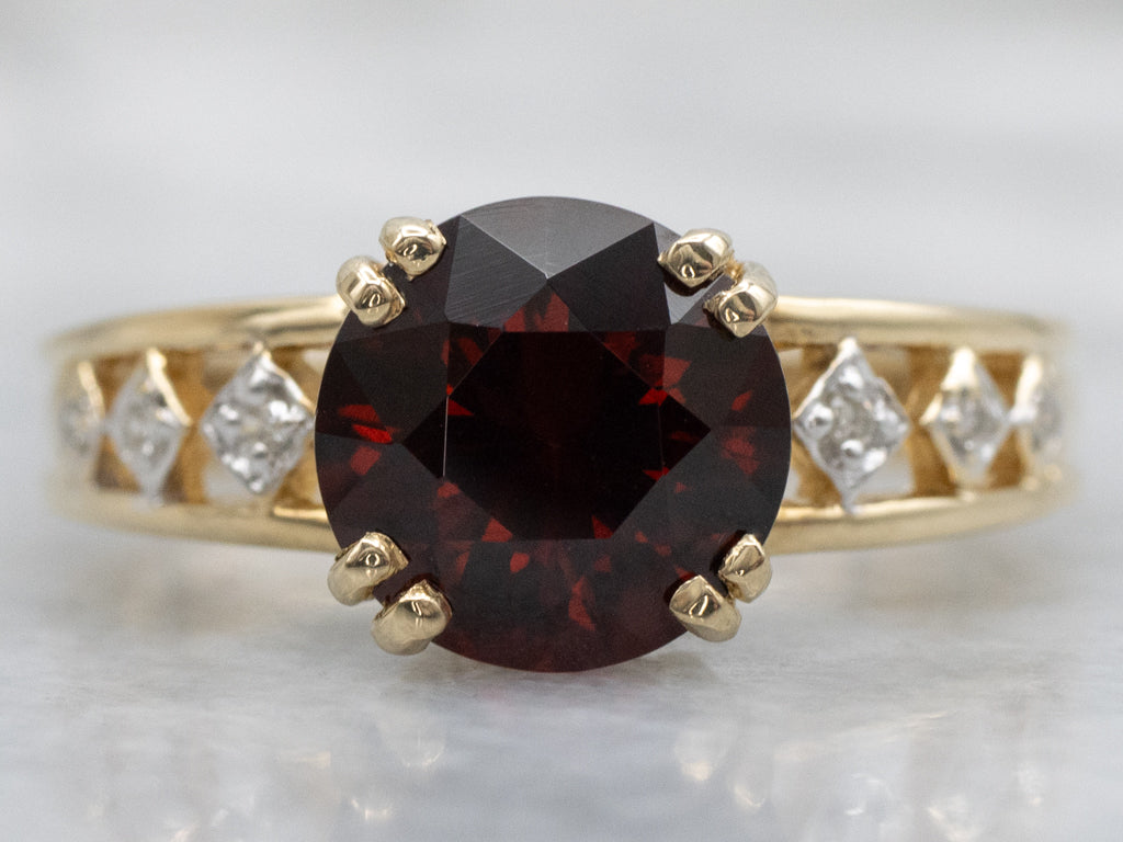 Red Garnet Two-Tone Gold Ring with Diamond Accents