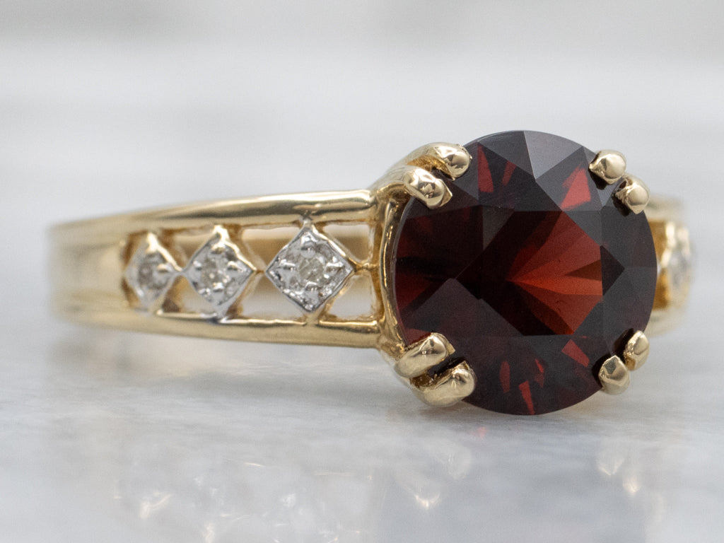 Red Garnet Two-Tone Gold Ring with Diamond Accents