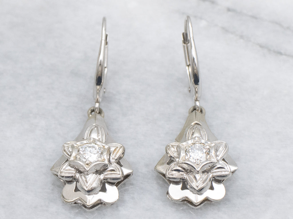Vintage White Gold and Diamond Floral Drop Earrings