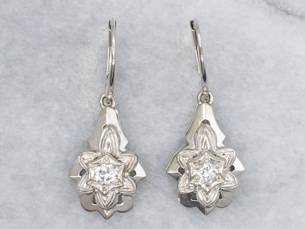 Vintage White Gold and Diamond Floral Drop Earrings